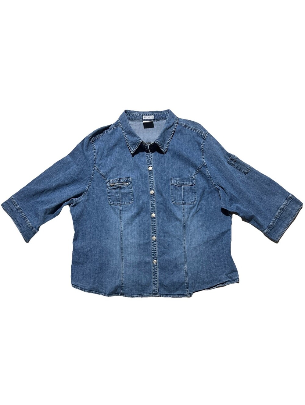Vintage Y2K Denim V-Neck Snap Shirt 3/4 Sleeve 3XL 52” Bust Western